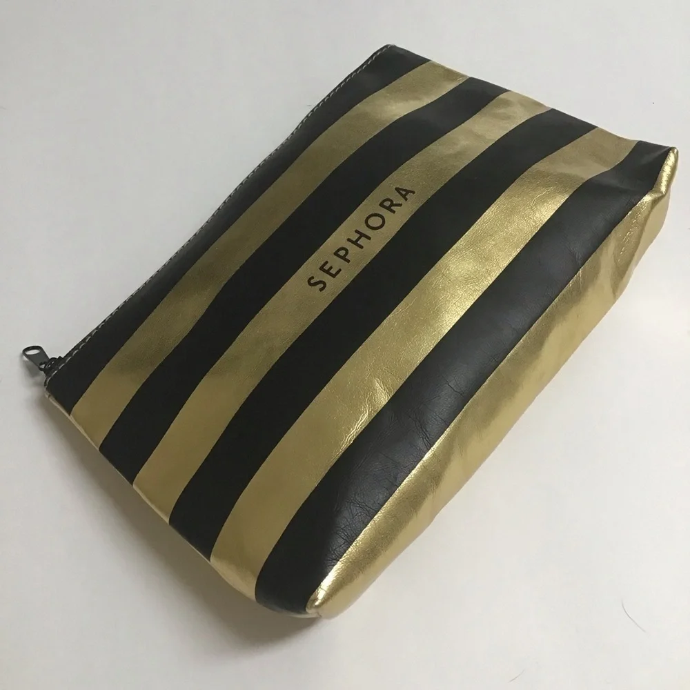 Sephora Makeup Bag Black Gold Stripe Cosmetic Pouch Beauty Organizer Travel 5x8